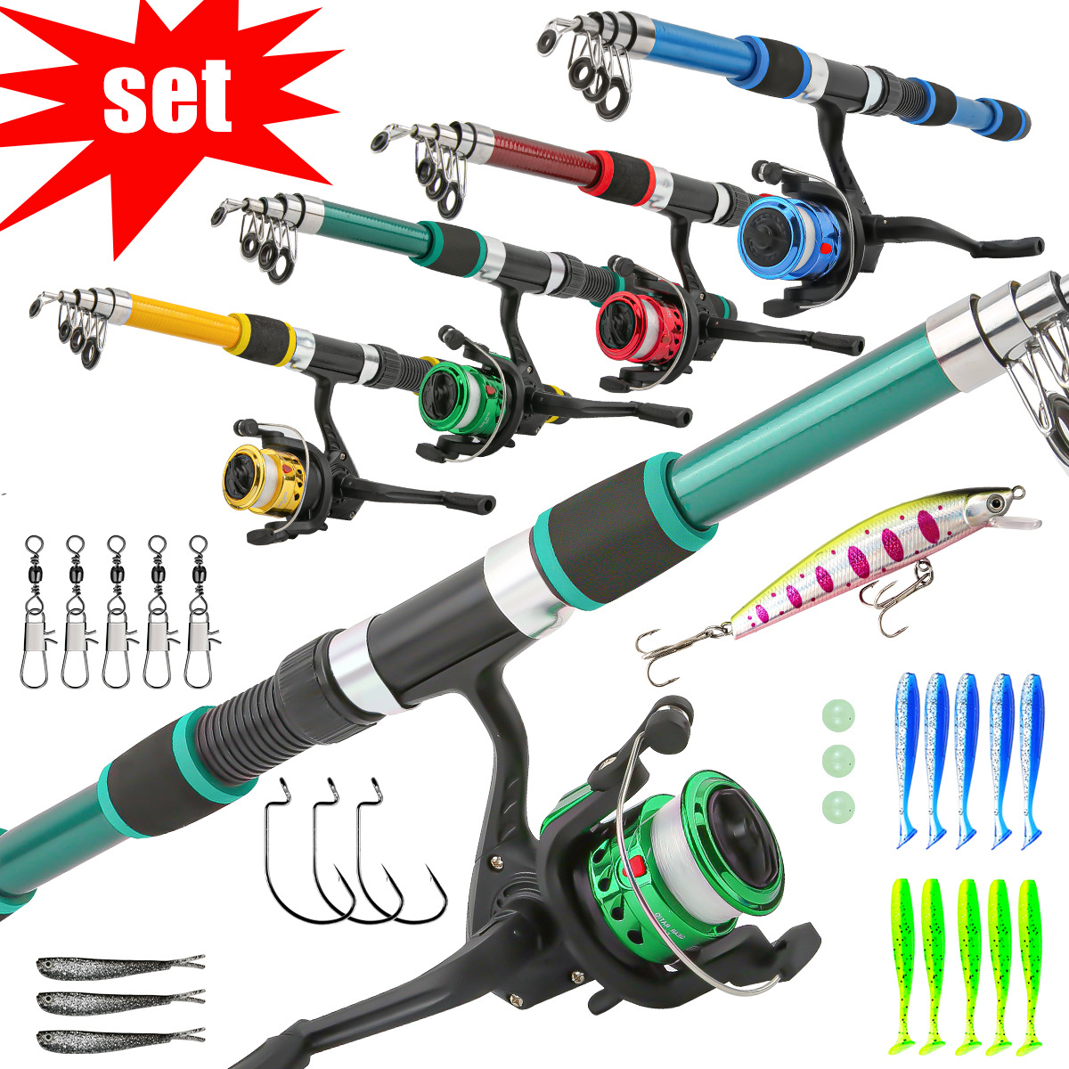 Fishing Boat Fiberglass - 子供用伸縮式釣り竿セット、グラスファイバー製ショートセクションハードキャスティングロッド1.8Mスピニングコンボ、トラウト淡水釣り用具